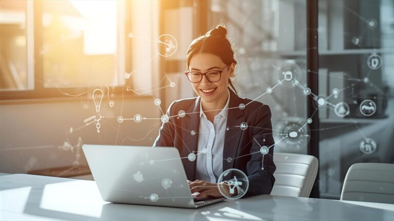 Professional studying ecosystem-led growth strategy with digital network graphics.